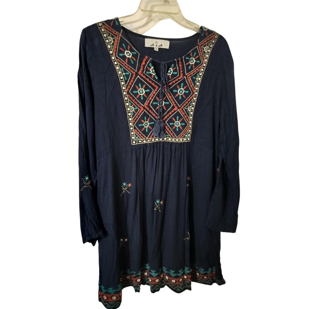 3505) A&A Navy Blue Embroidery Boho Peasant Tassel Tunic Blouse Size XL